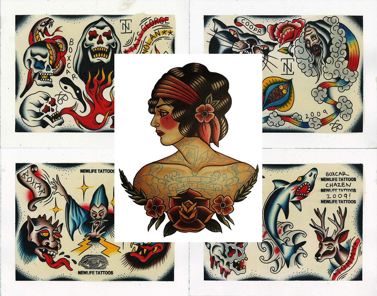 Vintage Traditional Style Tattoo Flash Collection, Lot, 32 Sheets